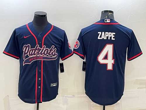 Mens New England Patriots #4 Bailey Zappe Navy With Path Cool Base Stitched Baseball Jersey